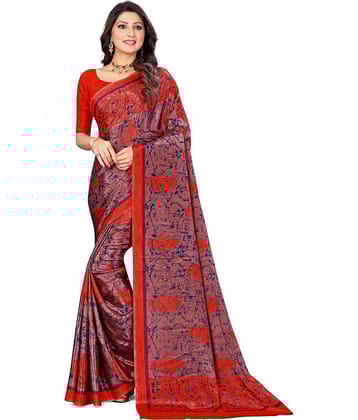 LEELAVATI Crepe Printed Saree With Unstitched Blouse Piece ( Red )
