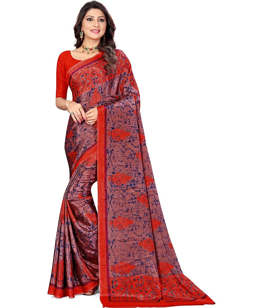LEELAVATI Crepe Printed Saree With Unstitched Blouse Piece ( Red )