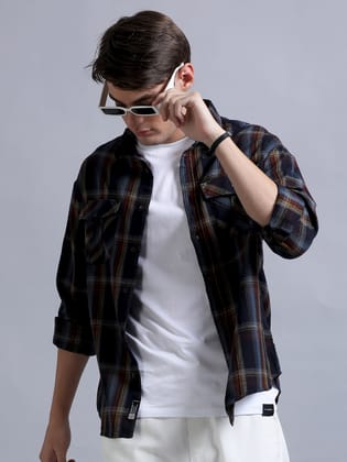 Premium Men Shirt, Relaxed Fit, Yarn Dyed Flannel Check, Pure Cotton, Full Sleeve, Navy Blue & Red-L / Navy Blue Red Checks