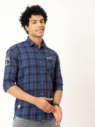Men's Dark Blue Checked Full Sleeve Shirt | Rick Rogue-XXL/44