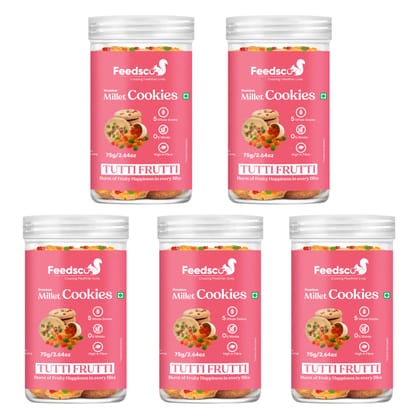 Feedsco Tutti Frutti Millet Cookies (75g x 5 Packs) - Tasty & Healthy Snack with Natural Sweetness - Best Healthy Cookies for Kids & Adults