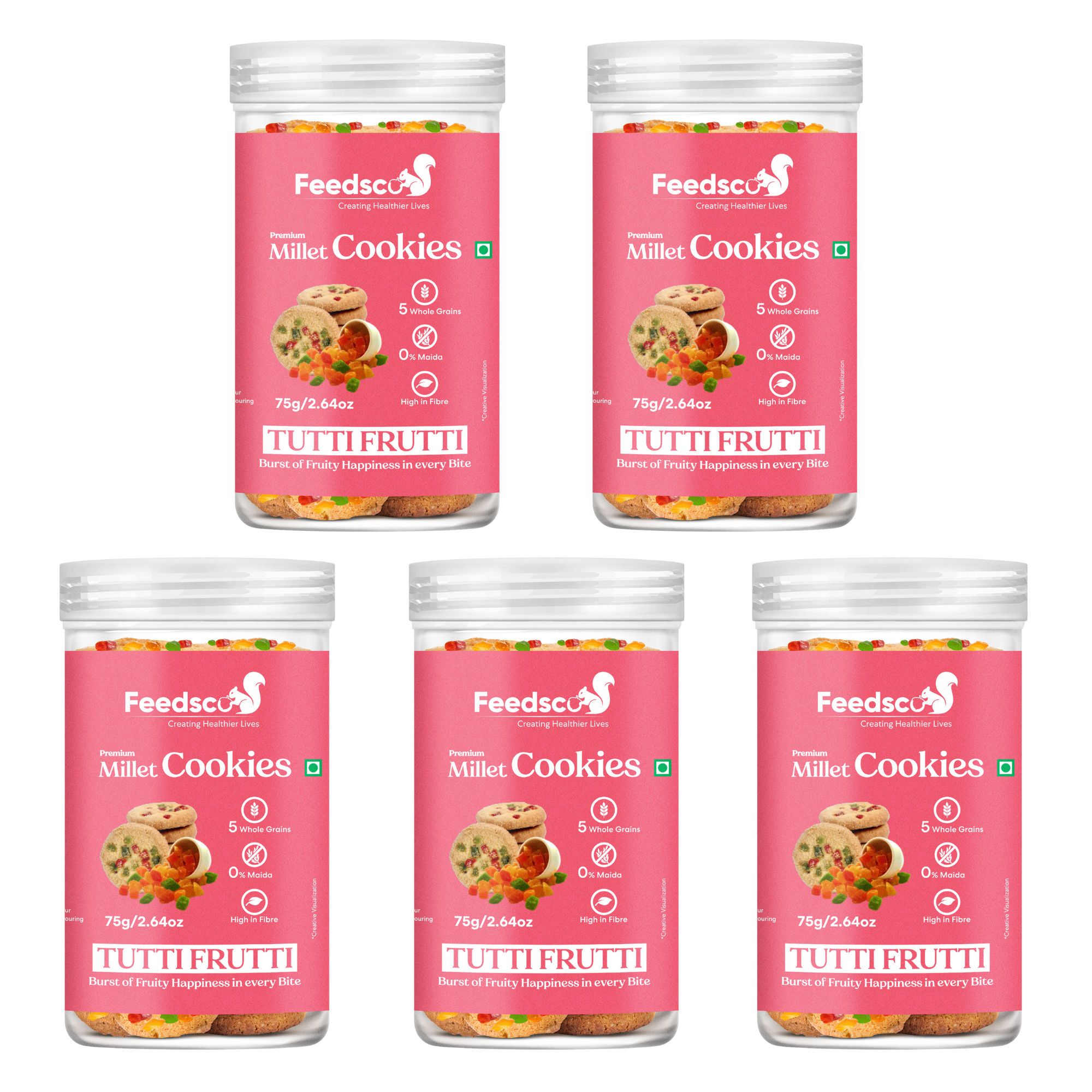 Feedsco Tutti Frutti Millet Cookies (75g x 5 Packs) - Tasty & Healthy Snack with Natural Sweetness - Best Healthy Cookies for Kids & Adults