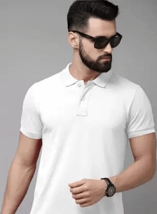 WILD MONSTER Men Solid Polo Neck Reversible Cotton Blend White T-Shirt XL