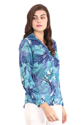 Blue Floral Stems Printed Shirt-L / Blue