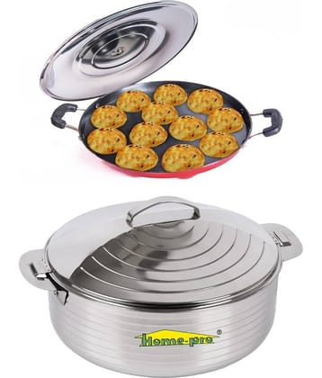 HomePro Casserole 3500Ml Appam Red Multicolor Steel Serve Casserole ( Set of 2 , 3500 mL )