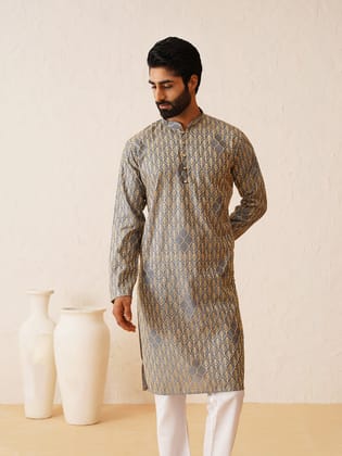 Men's Cotton Gold Thread Embroidered Light Grey Kurta-36