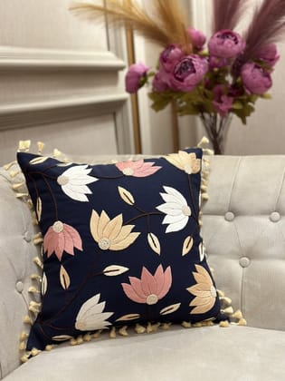 KRI India Bloom Navy Orchard Tasselled Cushion Cover| Ivory; Navy Blue | Navy with ivory & pink embroidery  | 16x16 inches | Wash & Care | 100% Cotton | Handcrafted in India. 100% organic & natural.