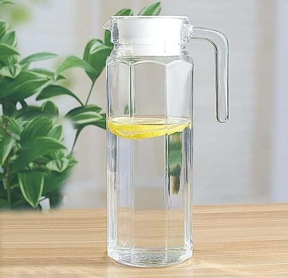 Italian Premium Glass Water Jug with Plastic Lid & Handle | 1.3 Littre |Transparent Carafe for Home, Office | Pitcher for Serve Water, Milk, Juice, Beverage, Chaas, Cocktail |