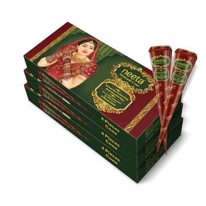 Neeta Mehendi Cones for Hand Desgning & Wedding, Bridal Mehandi Cone Reddish Brown Color 4 Pcs in 1 Box (Pack of 3)