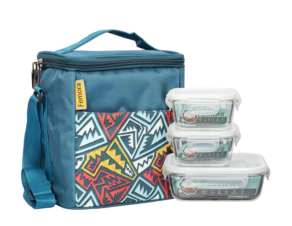 Femora Borosilicate Glass Microwave Safe Container Multipurpose Lunch Box for Office, Blue, Square-300 ml (2 Container), Rectangle-620 ml (1 Container)