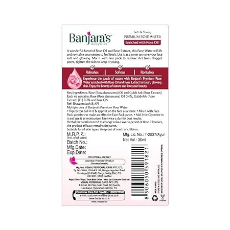 Banjara's Premium Rose Water, 30ml