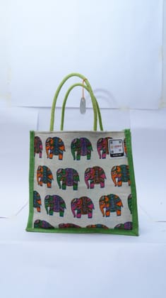 Green Elephant Design Jute Bag