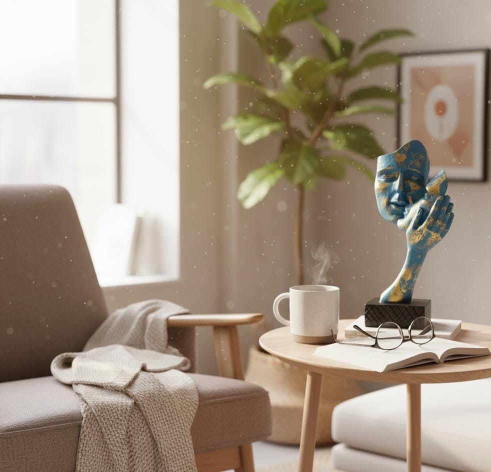 Modern Abstract Face Mask Sculpture – Blue and Gold Polyresin Art Statue for Desk, Shelf, or Entryway – Conceptual Home Décor Accent on Black Base