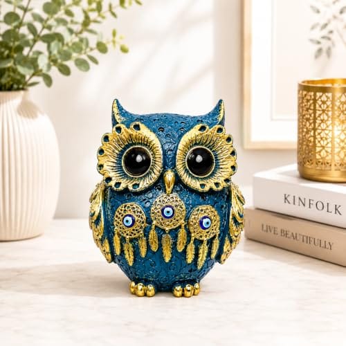 Owl Showpiece, Resin, Gold Detailing, Blue – Home & Office Décor
