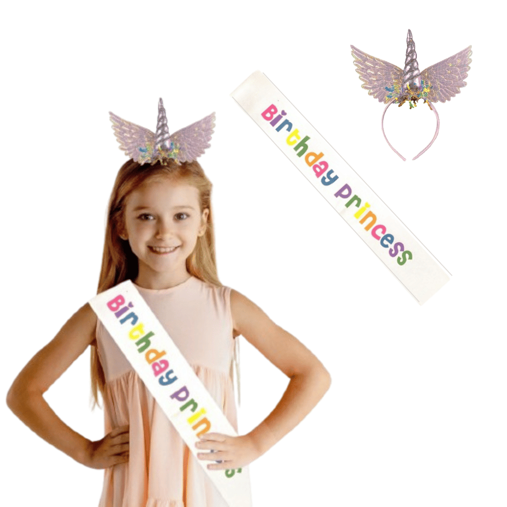 Unicorn Angel Birthday Girl Set of 2 Pcs-Silver Iridiscent Unicorn Headband And Satin Sash for Baby Girls - Party and Festive Needs | Buy online on ZillyBuy