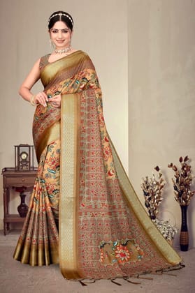 Shiv Textiles Women's Cotton Silk Digital Printed Saree in Brown Color Graphic Design Party Wear Ethnic Drape Includes Unstitched Blouse Piece Lightweight Fabric Traditional Indian Fashion