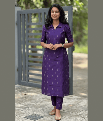 YAGNIK FASHION Women Cotton Blend Self Design Straight Kurti With Pants ( Purple )