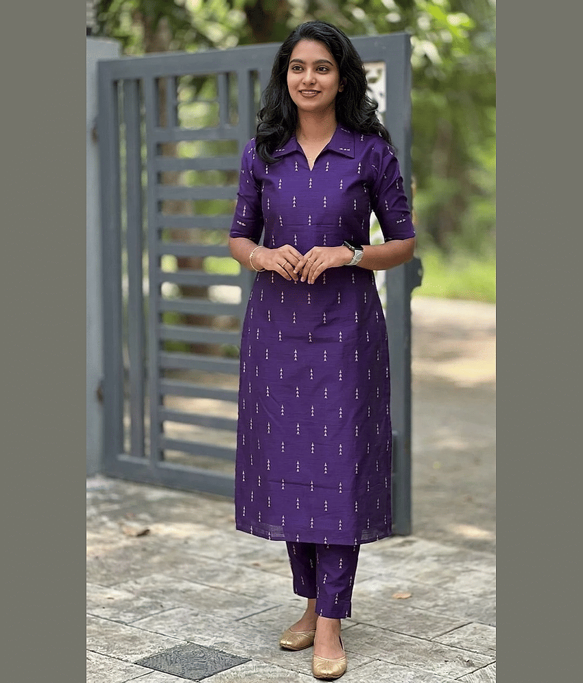 YAGNIK FASHION Women Cotton Blend Self Design Straight Kurti With Pants ( Purple )
