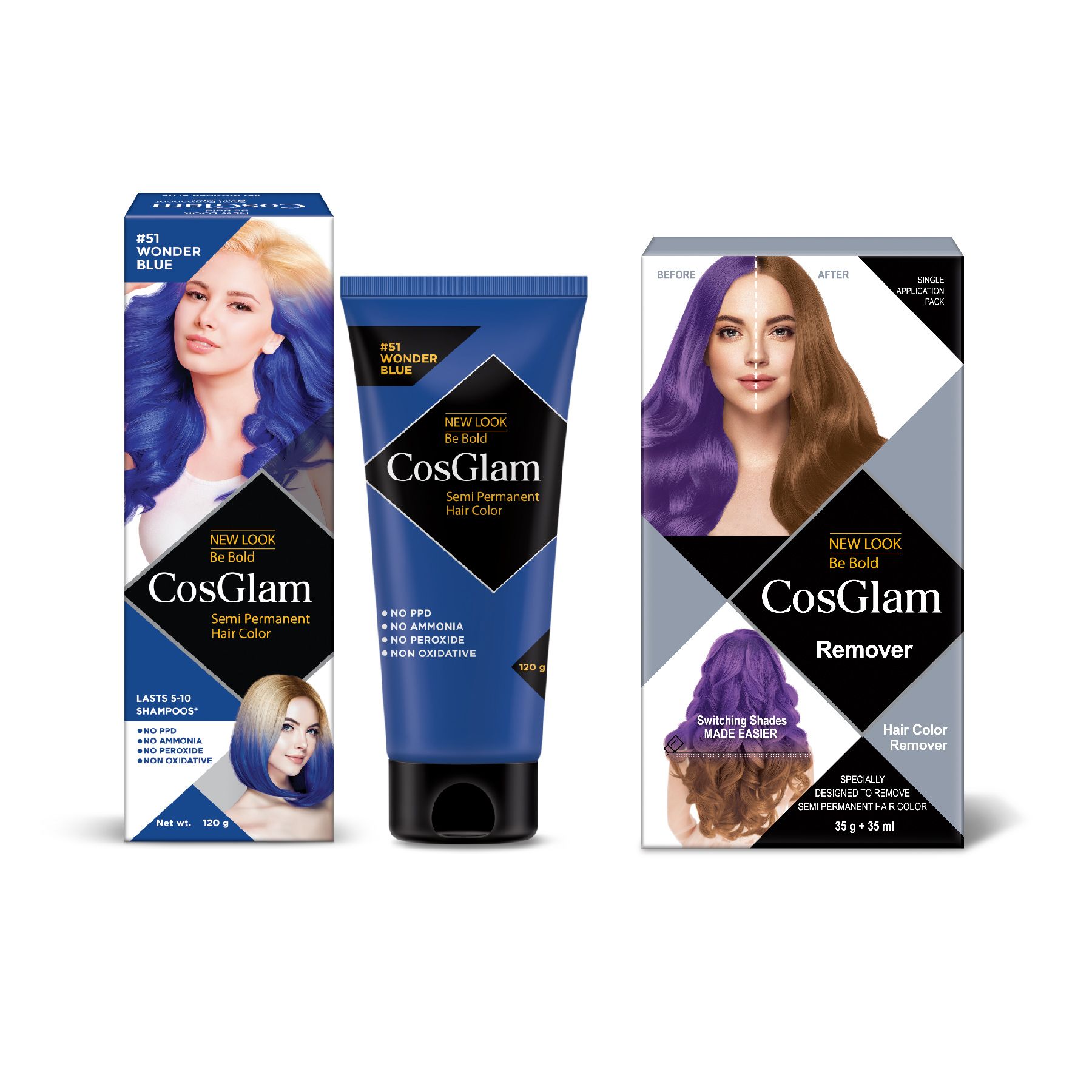 COSGLAM Semi Permanent Hair Color Wonder Blue 120g and Hair Color Remover 70ml, Switching Shades Made Easy