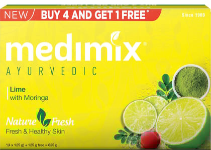 Medimix Ayurvedic Lime with Moringa Bathing Bar Soap 125g (Buy 4, Get 1 Extra Combo Pack) | Refreshed & Nourished Skin | Shop Herbal | Natural | Paraben-free & Sulphate-free | 100% Vegan