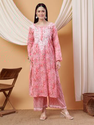 Anika Chikankari Mulmul Co-ord Set-Red / XL