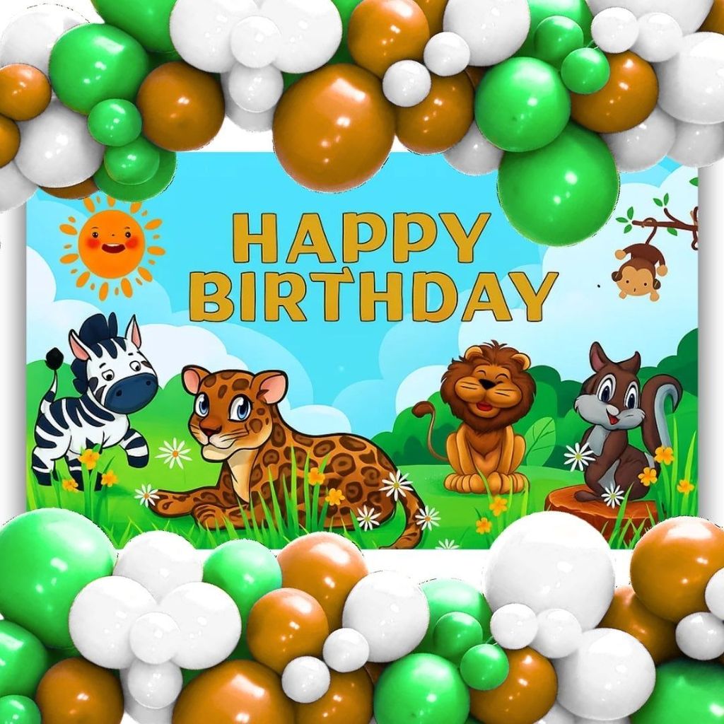 Happy Birthday Jungle Animal Banner w/ Brown, Green & White Latex/ Rubber Balloons - 4FT x 2FT - 1PC - Party and Festive Needs | Buy online on ZillyBuy