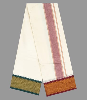 Cream 9 x 5 Cotton Dhoti with Green And Crimson 16 Kan Border-CD1450-Cream