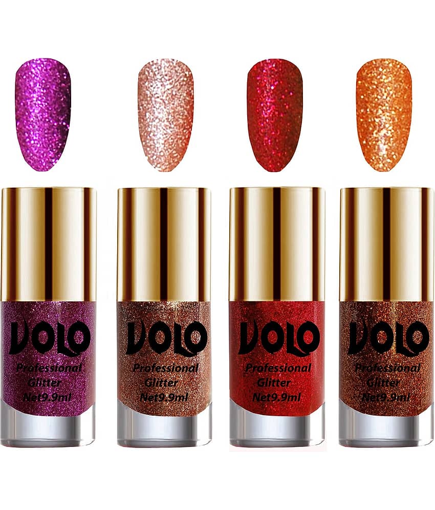 VOLO Professionally Used Glitter Shine Nail Polish Purple,Peach,Red Orange Pack of 4 39 mL