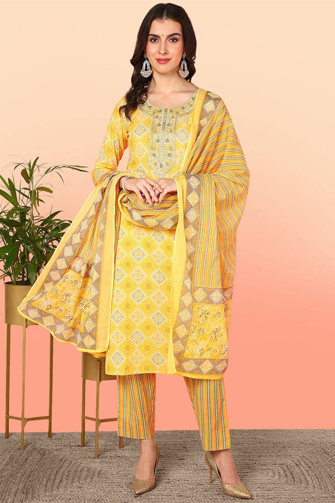 Yellow Pure Cotton Geometric Printed Yoke Design Suit Set VKSKD2012 - Kurtas & Kurta Sets | Buy online on ZillyBuy