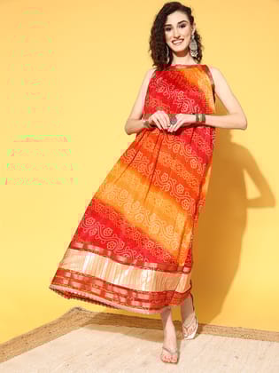 Rang Gali Bandhej Printed Orange Long Dress-S