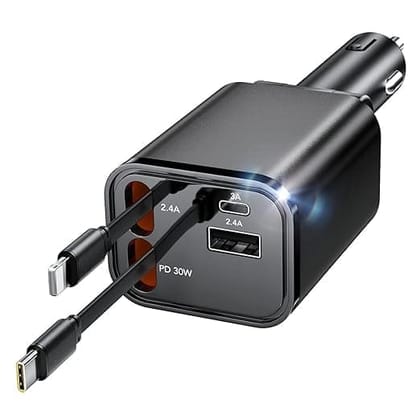 69W Car Charger Adapter, Retractable Cable with 30W Type-C Port, 2.4A USB Port, Compatible with iPhone 16/15/14, Samsung S24/S23, iPad