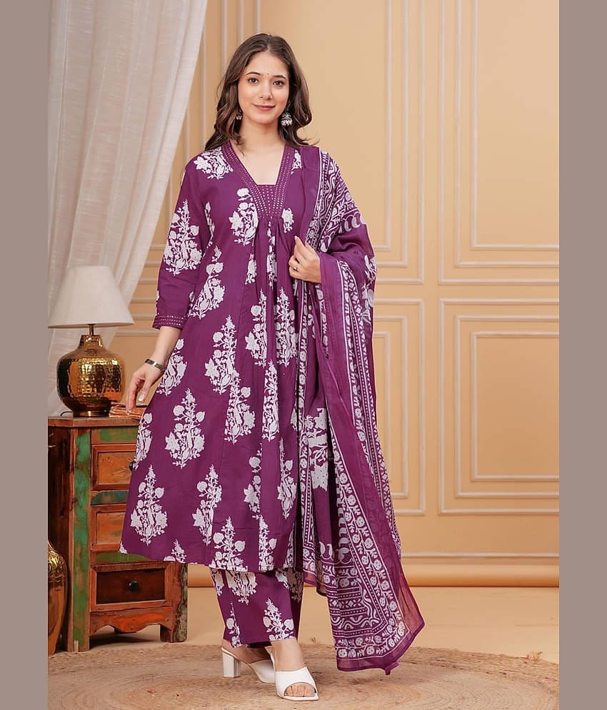 Heavenly Attire Women's Cotton Printed Kurti With Palazzo ( Wine )