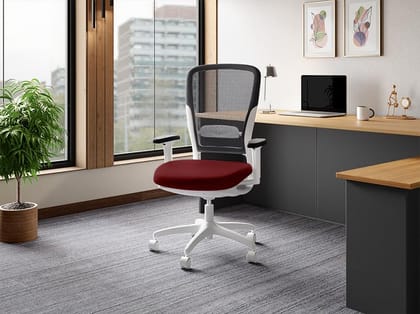 Motion Full Back Mesh Ergonomic Office Chair (Milan Red with White Body) (1-Year Warranty, Adjustable Armrest)