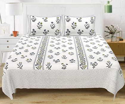 Block Print King Size Bedsheet- Border Blue-King 100 x 104 inches
