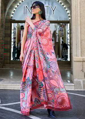 Stylish Red Satin Crepe Print Saga Saree