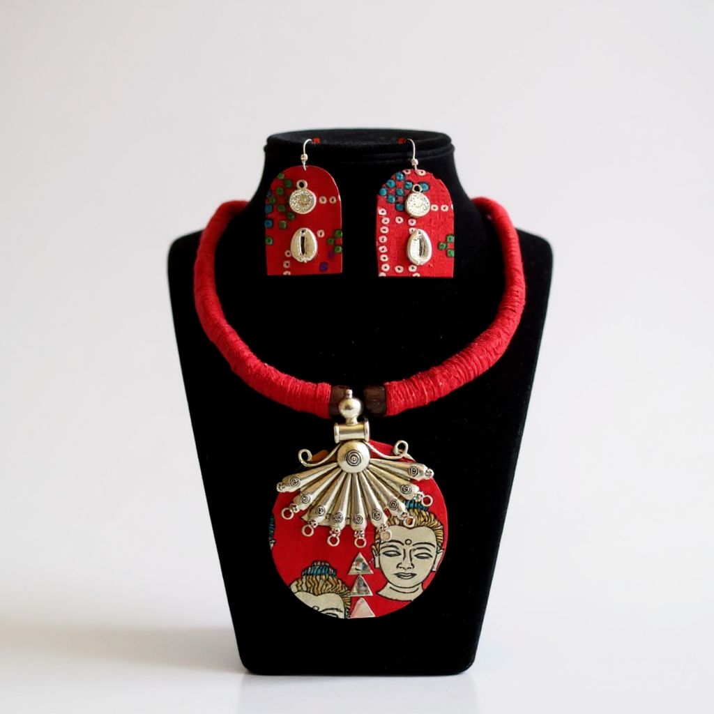Hand-Painted Tribal Paintings Necklace & Earrings Set | Red