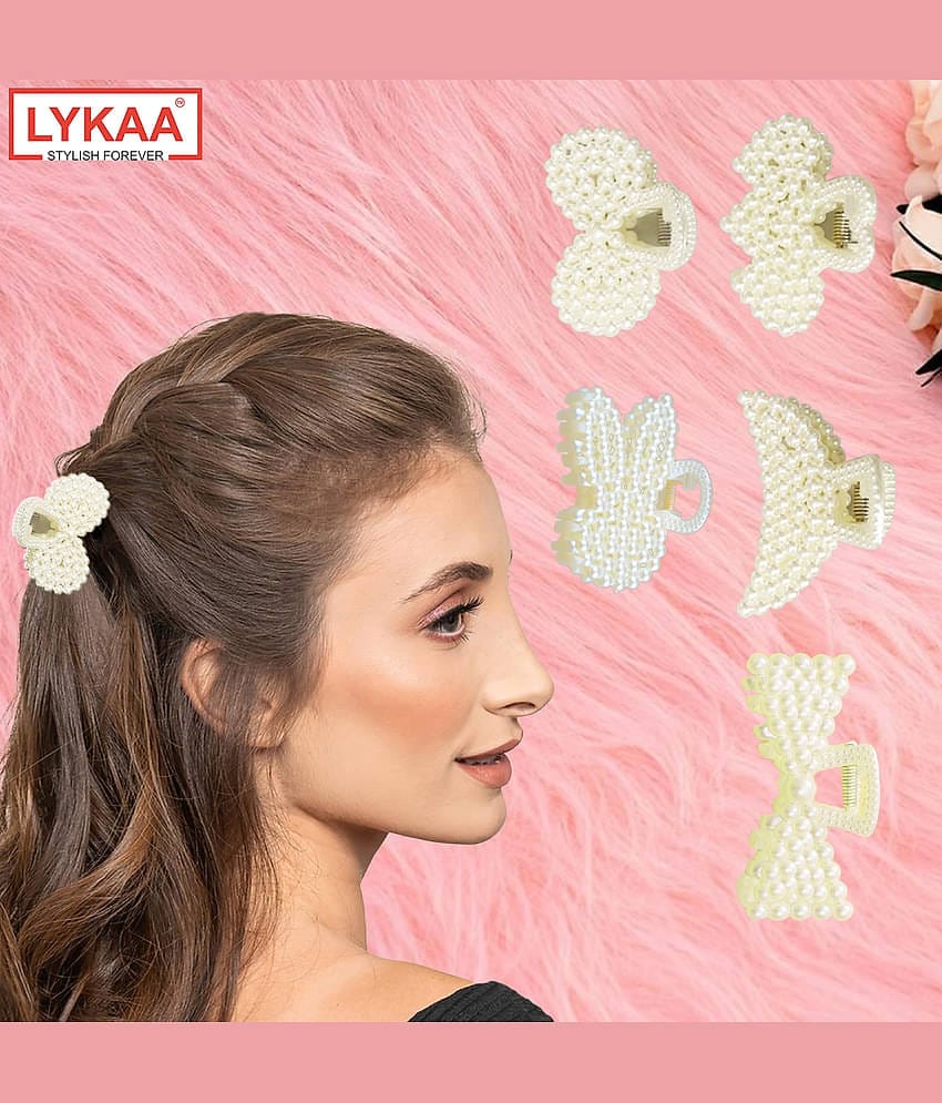 Lykaa Stylish Fancy White Pearl Hair Fashionable Clip Clutcher Hair, For Women & Girls- Pack of 5