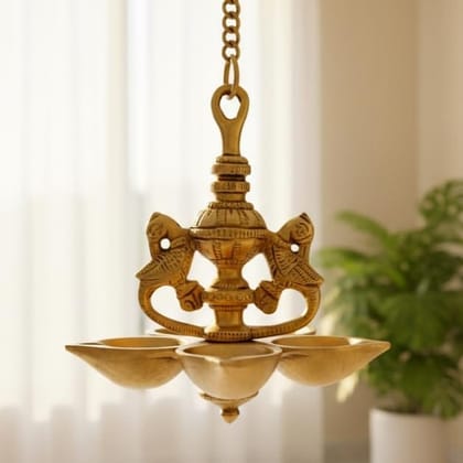 Sukh Sehaj Mayur Diya (Hanging)/Peacock Diya Hanging, Deepak, Brass, Handcrafted, Antique Finish, Oil Lamp Home Temple, Decor, Pooja Ritual and Gifting (Height: 5.7-Inch, Width: 5.1-Inch)