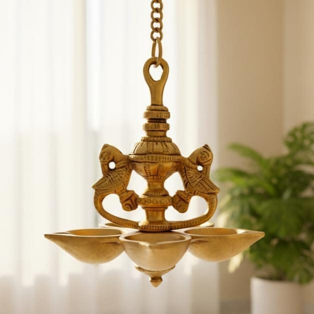 Sukh Sehaj Mayur Diya (Hanging)/Peacock Diya Hanging, Deepak, Brass, Handcrafted, Antique Finish, Oil Lamp Home Temple, Decor, Pooja Ritual and Gifting (Height: 5.7-Inch, Width: 5.1-Inch)