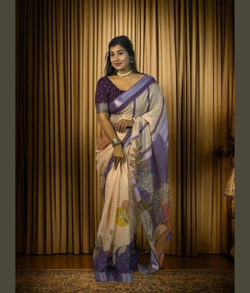 VTEXX Linen Printed Regular Saree With Unstitched Blouse Piece ( Multicolor 2 )