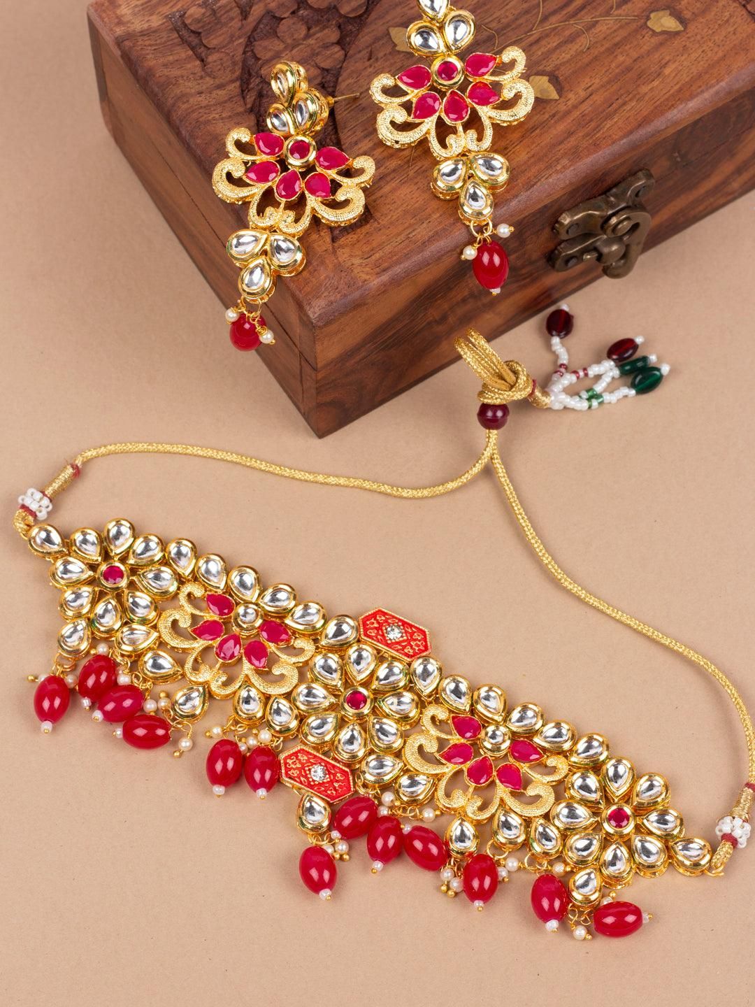 Gold Plated Kundan red Pink Jewellery Set