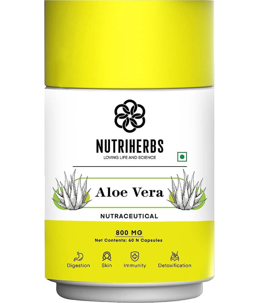 "Nutriherbs Aleovera Extract 800 mg Pure & Organic - 60 Capsule | Helps To Maintain Beautiful Skin Eases symptoms of Stress For Men & Women "
