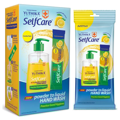 Yuthika Selfcare Powder to Liquid Handwash Lemon Combo Pack (Empty Dispenser+11 Refills) - 1 Refill Makes 200ml Handwash