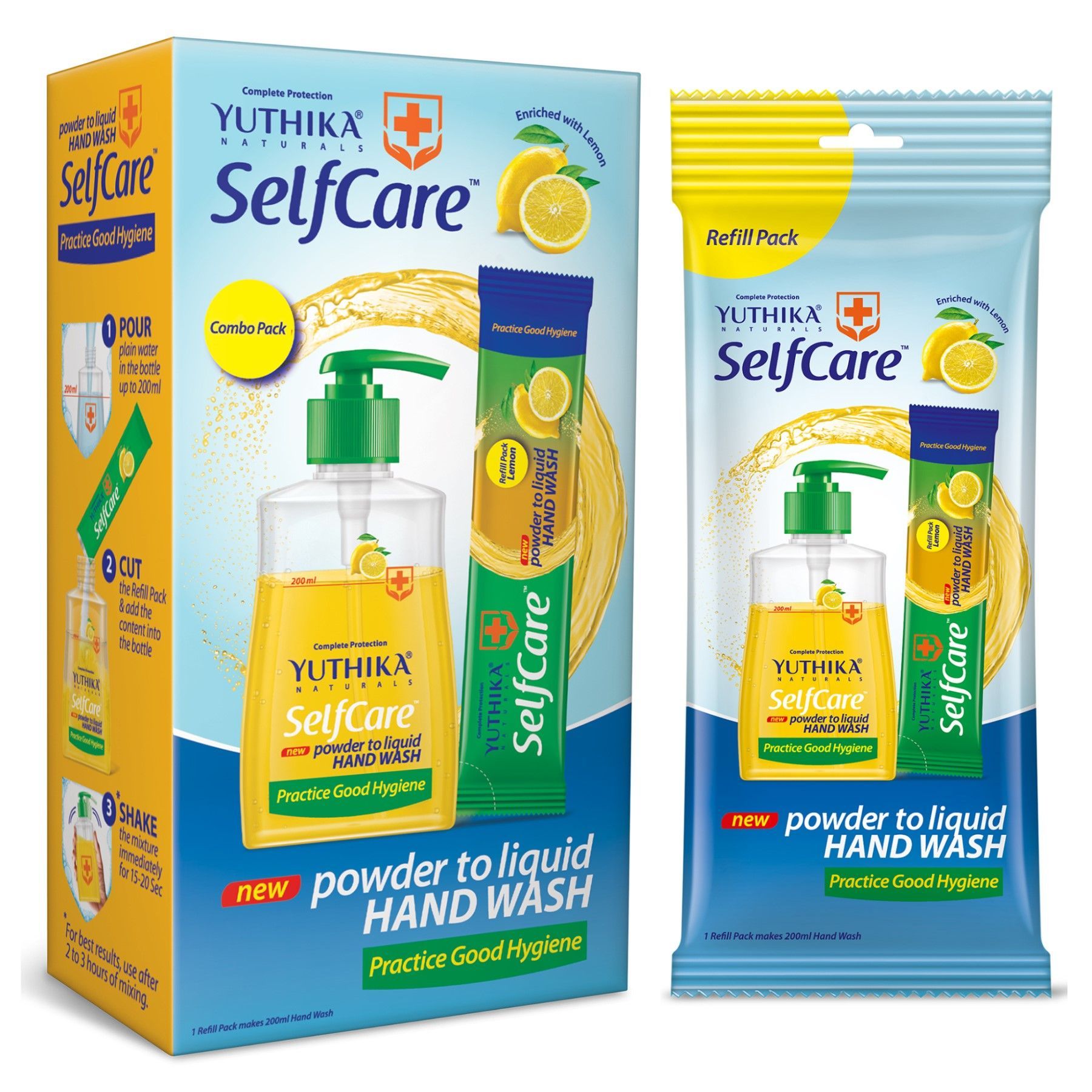 Yuthika Selfcare Powder to Liquid Handwash Lemon Combo Pack (Empty Dispenser+11 Refills) - 1 Refill Makes 200ml Handwash