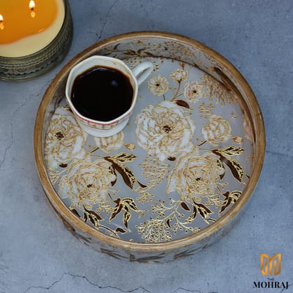 The Mohraj Summer Roses Round MDF Trays with Gold Foil Finish Set of 3  