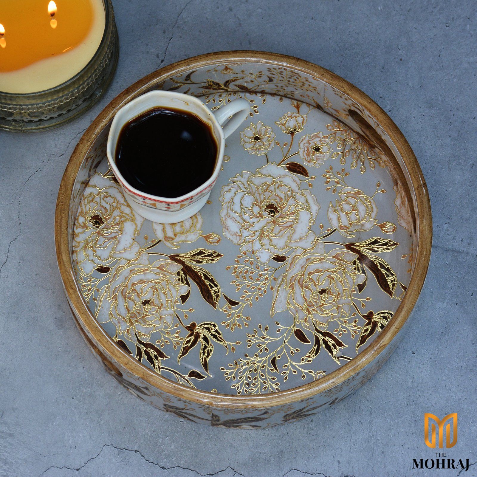 The Mohraj Summer Roses Round MDF Trays with Gold Foil Finish Set of 3  