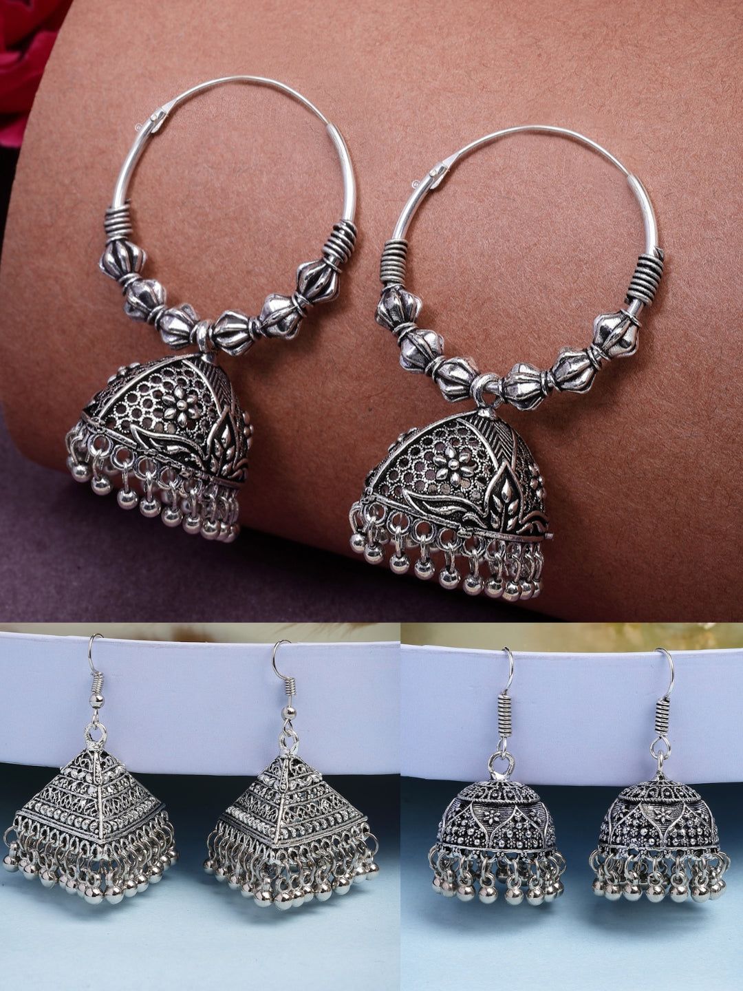 NVR Women's Set of 3 Silver Plated Oxidized Contemporary Jhumka Earrings-One Size / Silver / German Silver