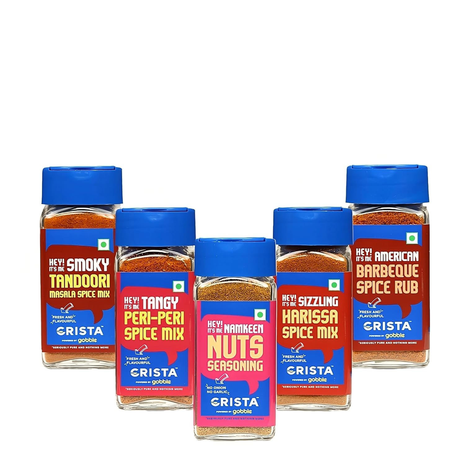 CRISTA Grill Rubs & Seasonings Combo (Barbeque Spice Rub 50 gm, Tandoori Masala Spice Mix 45 gm, Harissa Spice Mix 45 gm, Nuts Seasoning 50 gm & Peri-Peri Spice Mix 45 gm) - Pack of 5