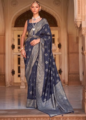 Coral Blue Printed Banarasi Soft Silk Saree