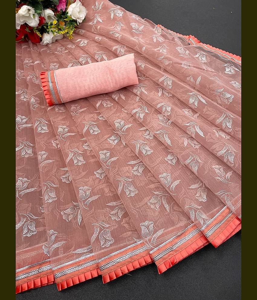 Shree Gullak Silk Lycra Printed Saree With Unstitched Blouse Piece ( Peach )